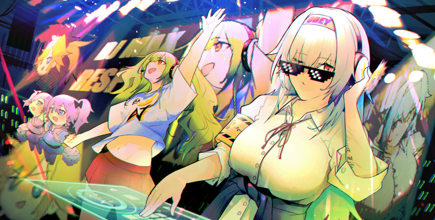 4girls absurdres amirun blue_hair cameo clear_(djmax) commentary_request deal_with_it_(meme) dj djmax djmax_respect fairy_(girls'_frontline) girls'_frontline green_hair headband headphones highres m950a_(girls'_frontline) meme multiple_girls nina_klatt party sehra_klatt sunglasses thunder_(girls'_frontline) turntable