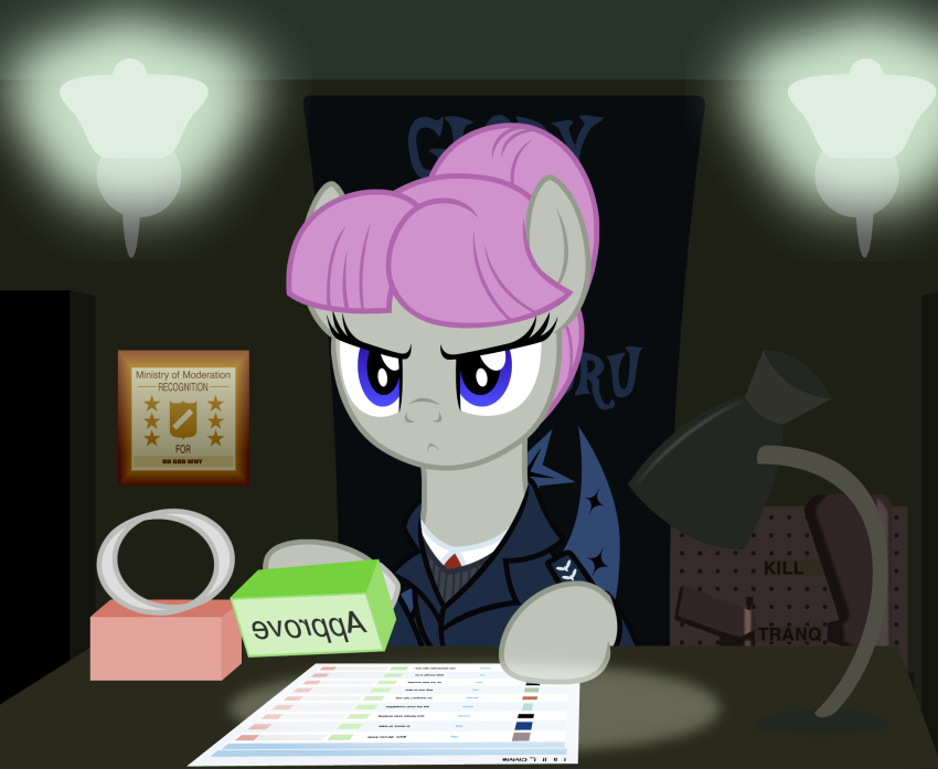 approval award badumsquish bangs blue_eyes clothing colored derpibooru desk digital_media_(artwork) earth_pony english_text equid equine eyelashes female feral friendship_is_magic front_view frown furniture furniture_lamp grey_body hair hasbro hi_res horse lamp looking_forward loss mammal meme my_little_pony papers_please pink_hair ponification pony ponytail poster_(object) queue_(badumsquish) ranged_weapon solo stamp star stern stern_look suit_jacket table text uniform unimpressed vaporeon_copypasta weapon why