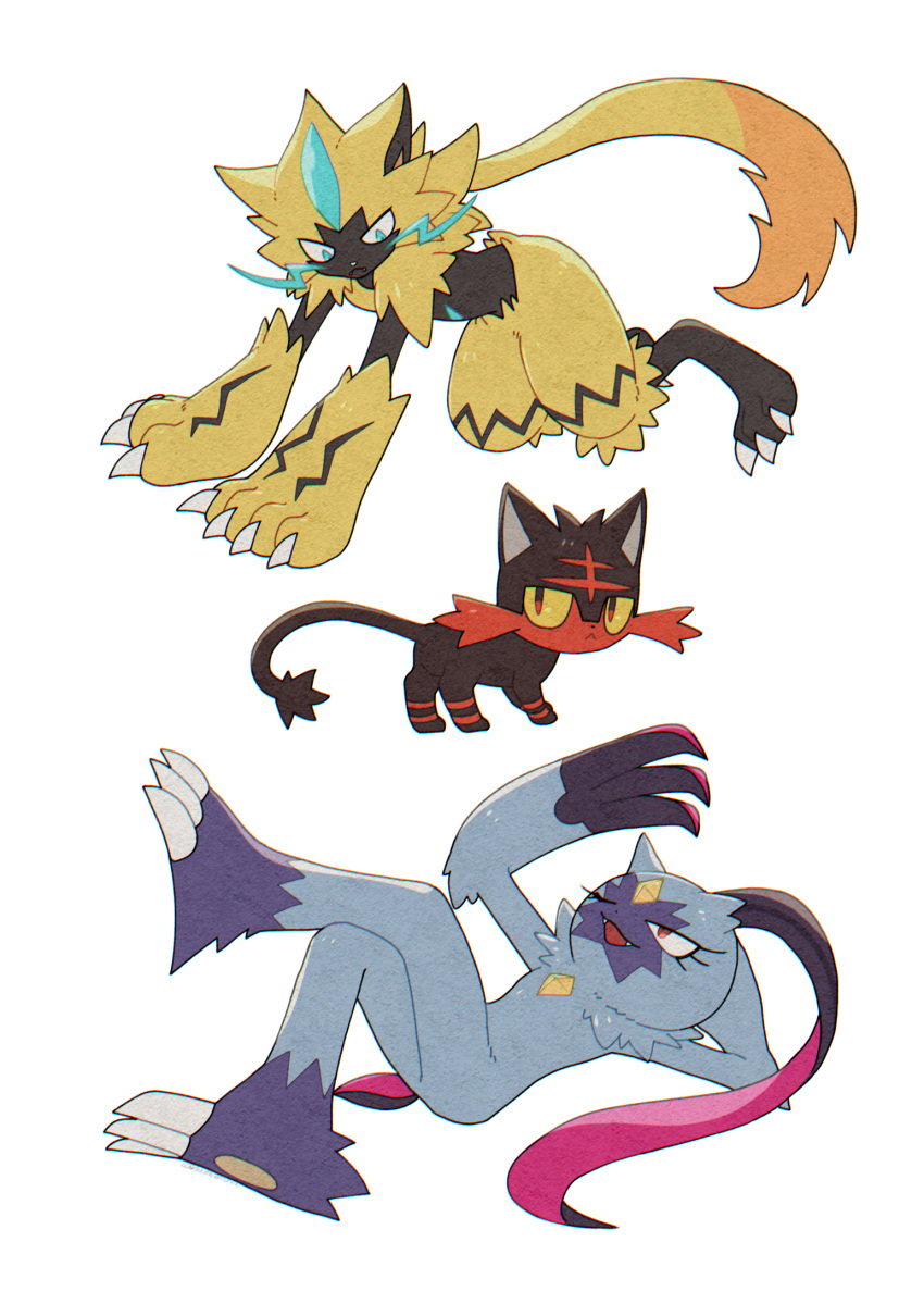 :< batabiru blue_eyes claws closed_mouth commentary_request fangs frown furry highres litten looking_back one_eye_closed open_mouth pokemon pokemon_(creature) simple_background sneasler white_background yellow_fur zeraora