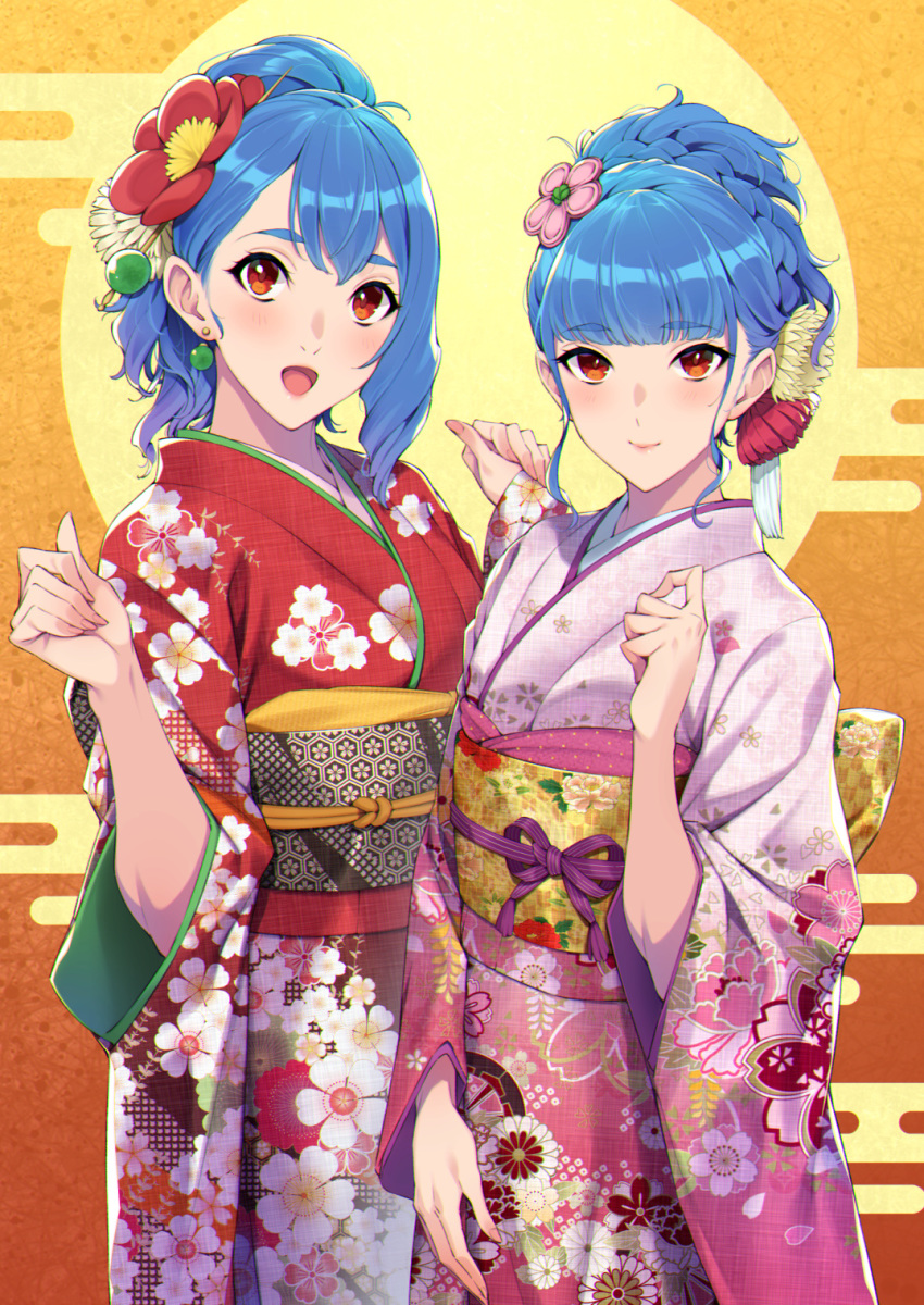 2girls blue_hair blunt_bangs blush closed_mouth commentary_request duplicate earrings floral_print flower hair_flower hair_ornament highres japanese_clothes jewelry kimono long_sleeves minori_(sugarbeat) multiple_girls obi open_mouth orange_eyes original pink_kimono pixel-perfect_duplicate red_kimono sash smile standing sugarbeat yukari_(sugarbeat)