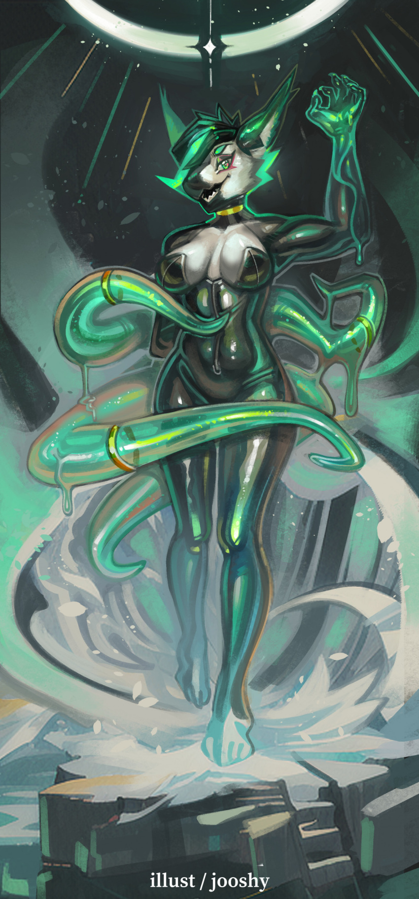 2023 5_fingers absurd_res anthro back_tentacles big_breasts black_body black_fur black_hair black_latex breasts choker clothing digital_media_(artwork) digital_painting_(artwork) dripping female fingers fur glistening glistening_latex goo_tentacles green_eyes green_goo green_hair green_tentacles grey_body grey_fur hair hi_res jewelry jooshy latex latex_clothing latex_skinsuit looking_at_viewer mojita_(jooshy) multicolored_body multicolored_fur multicolored_hair necklace open_mouth rubber_clothing skinsuit solo standing tentacle tight_clothing two_tone_body two_tone_fur two_tone_hair unknown_species yellow_choker yellow_jewelry yellow_necklace