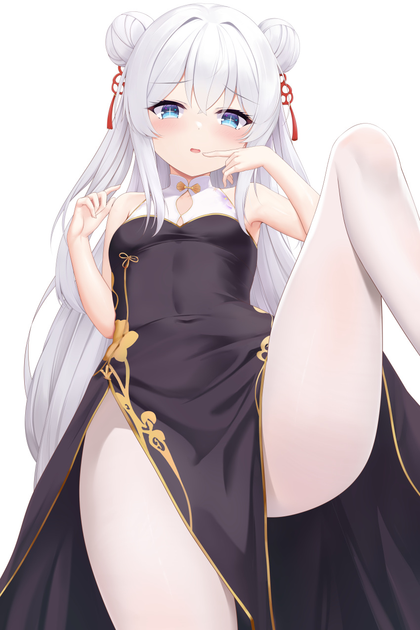 absurdres azur_lane blue_eyes china_dress chinese_clothes double_bun dress female hair_between_eyes hair_bun highres le_malin_(azur_lane) leg_lift long_hair looking_at_viewer pantyhose shenqi_(toid310) sidelocks solo very_long_hair white_hair white_pantyhose