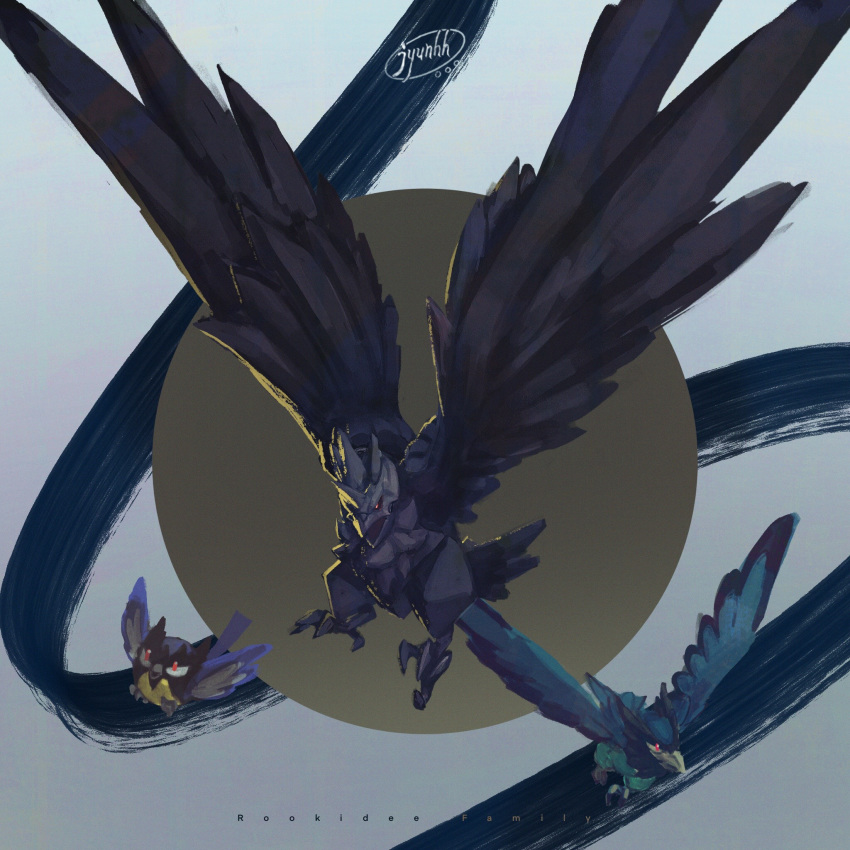 animal_focus bird character_name commentary corviknight corvisquire evolutionary_line flying full_body grey_background highres jyunhh no_humans pokemon pokemon_(creature) rookidee signature simple_background