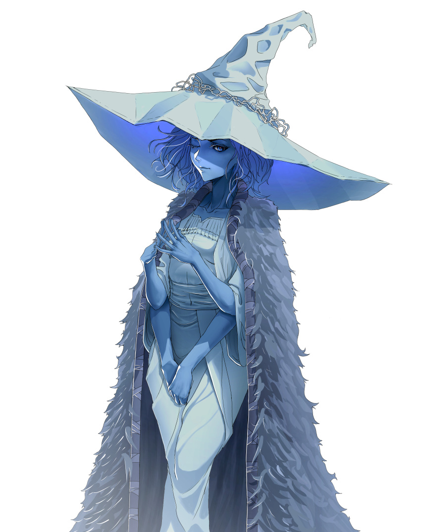 absurdres blue_eyes blue_hair blue_skin cloak closed_mouth collarbone colored_skin commentary dress elden_ring extra_arms female fur_cloak hat highres looking_at_viewer one_eye_closed ranni_the_witch short_hair simple_background solo standing tbocart white_background white_dress white_hat witch_hat