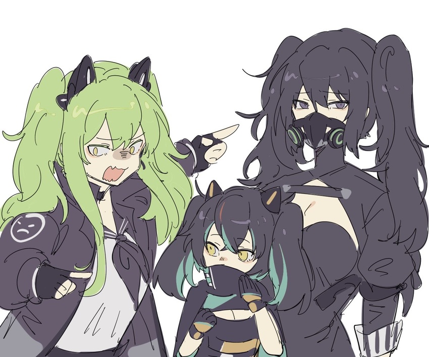 3girls angry animal_ears black_eyes black_hair cat_ears cleavage_cutout clothing_cutout fake_animal_ears girls'_frontline green_hair height_difference if_they_mated looking_at_another looking_at_viewer m950a_(girls'_frontline) m950a_(mod3)_(girls'_frontline) mask multicolored_hair multiple_girls pointing respirator saf_(girls'_frontline) sangvis_ferri scarecrow_(girls'_frontline) streaked_hair trait_connection twintails yellow_eyes zocehuy