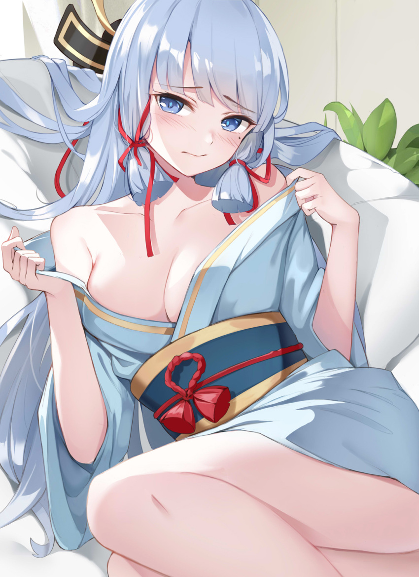 amco bare_shoulders blue_eyes blue_hair blunt_bangs blush breasts cleavage couch female genshin_impact hair_down highres japanese_clothes kamisato_ayaka kimono long_hair long_sleeves looking_at_viewer medium_breasts mole mole_under_eye off_shoulder on_couch wide_sleeves yukata