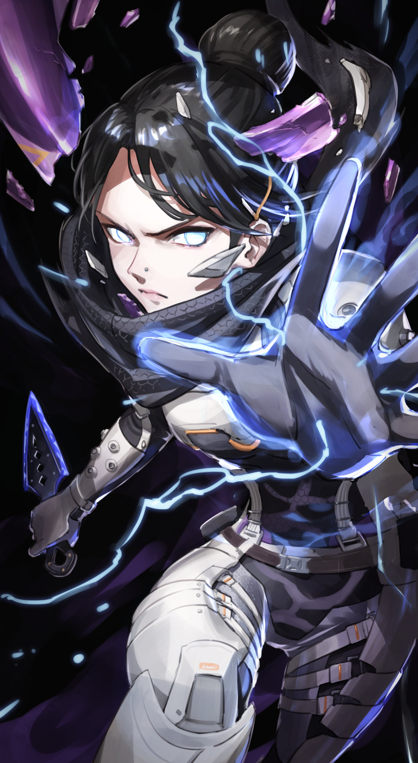 absurdres animification apex_legends black_background black_hair black_scarf blue_eyes broken_glass electricity female frown glass gloves grey_gloves hair_behind_ear hair_bun highres holding holding_knife hope's_dusk_(apex_legends) knife kunai nemoto_yuuma nose_piercing open_hand parted_bangs piercing scarf single_hair_bun solo voidwalker_wraith weapon wraith_(apex_legends)