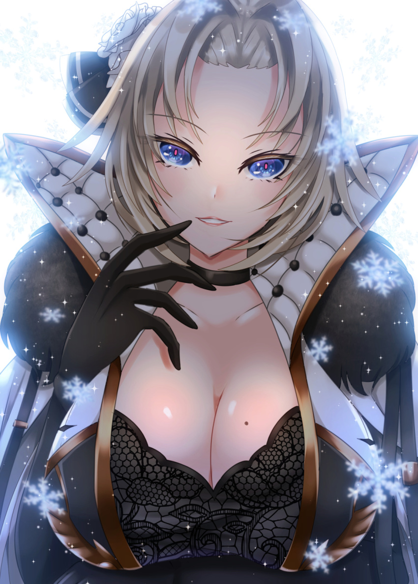 azur_lane black_bra black_choker black_gloves blonde_hair bra bra_peek breasts choker cleavage female fuyuki_jun gloves hand_to_own_mouth high_collar highres kronshtadt_(azur_lane) large_breasts long_hair looking_at_viewer mole mole_on_breast purple_eyes simple_background smile solo underwear upper_body white_background