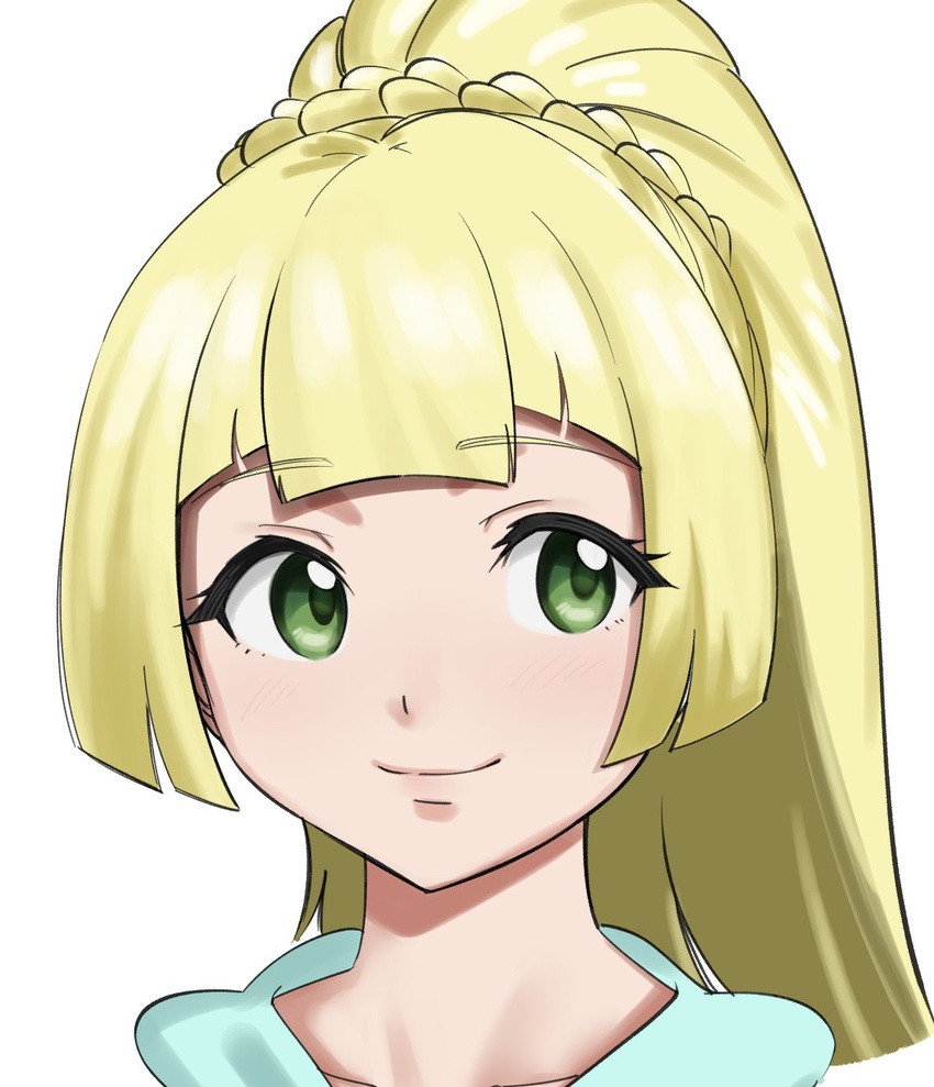 bad_id bad_twitter_id blonde_hair blunt_bangs blush braid closed_mouth collarbone commentary_request eyelashes female green_eyes high_ponytail highres lillie_(pokemon) long_hair makino_harumaki pokemon pokemon_sm portrait sideways_glance simple_background smile solo white_background