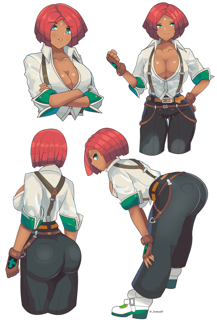 absurdres ass belt blue_eyes breasts buttons cleavage dark-skinned_female dark_skin djames female giovanna_(guilty_gear) guilty_gear guilty_gear_strive highres multiple_views pants red_hair short_hair simple_background suspenders white_background