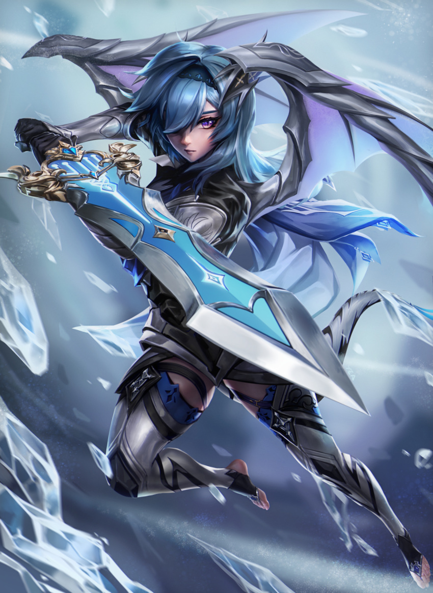 armor black_gloves blue_cape blue_hair cape corrin_(female)_(fire_emblem) corrin_(female)_(fire_emblem)_(cosplay) corrin_(fire_emblem) cosplay dragon_tail dragon_wings dragonstone eula_(genshin_impact) female genshin_impact gloves hair_over_one_eye highres holding holding_sword holding_weapon imdrunkontea long_hair purple_eyes solo song_of_broken_pines_(genshin_impact) sword tail thighhighs toeless_legwear weapon wings