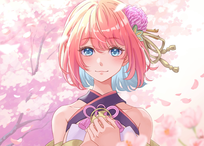 blue_eyes blue_hair blush cherry_blossoms female flower flower_request graduation hair_flower hair_ornament hien_madoka highres megalight_production multicolored_hair nishiwaki pink_hair short_hair sleeveless upper_body virtual_youtuber