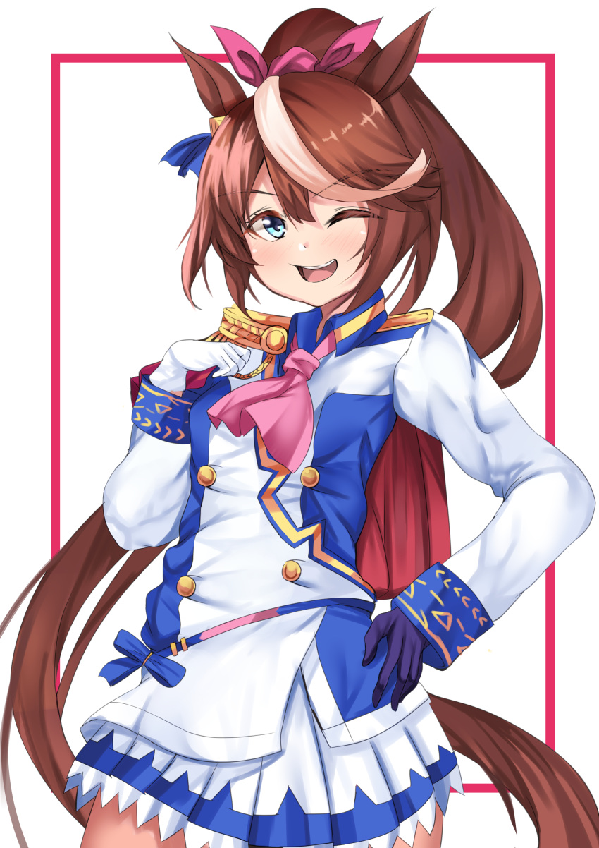 ;d absurdres animal_ears ascot asymmetrical_gloves blue_eyes blue_gloves blush brown_hair commentary_request epaulettes female gloves hair_between_eyes hair_ribbon hand_on_own_hip hand_up high_ponytail highres horse_ears horse_girl horse_tail jacket long_hair mismatched_gloves multicolored_hair one_eye_closed open_mouth pink_ascot pink_ribbon pleated_skirt ponytail ribbon setu_(shining12) single_epaulette skirt smile solo streaked_hair tail teeth tokai_teio_(umamusume) umamusume upper_teeth_only v-shaped_eyebrows very_long_hair white_background white_gloves white_hair white_jacket white_skirt