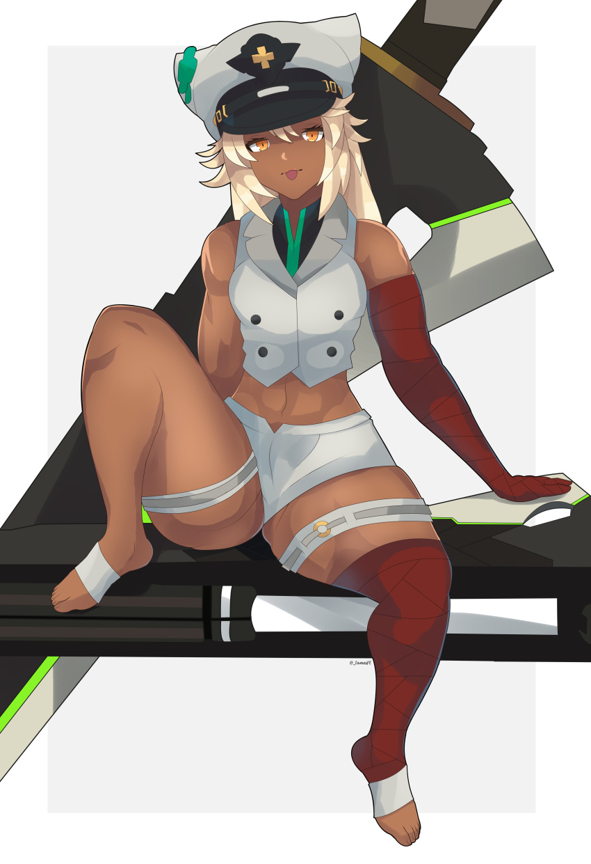 absurdres bandaged_arm bandages blonde_hair clover dark-skinned_female dark_skin djames female four-leaf_clover guilty_gear guilty_gear_strive hat highres military_hat ramlethal_valentine red_bandage thick_thighs thighs yellow_eyes