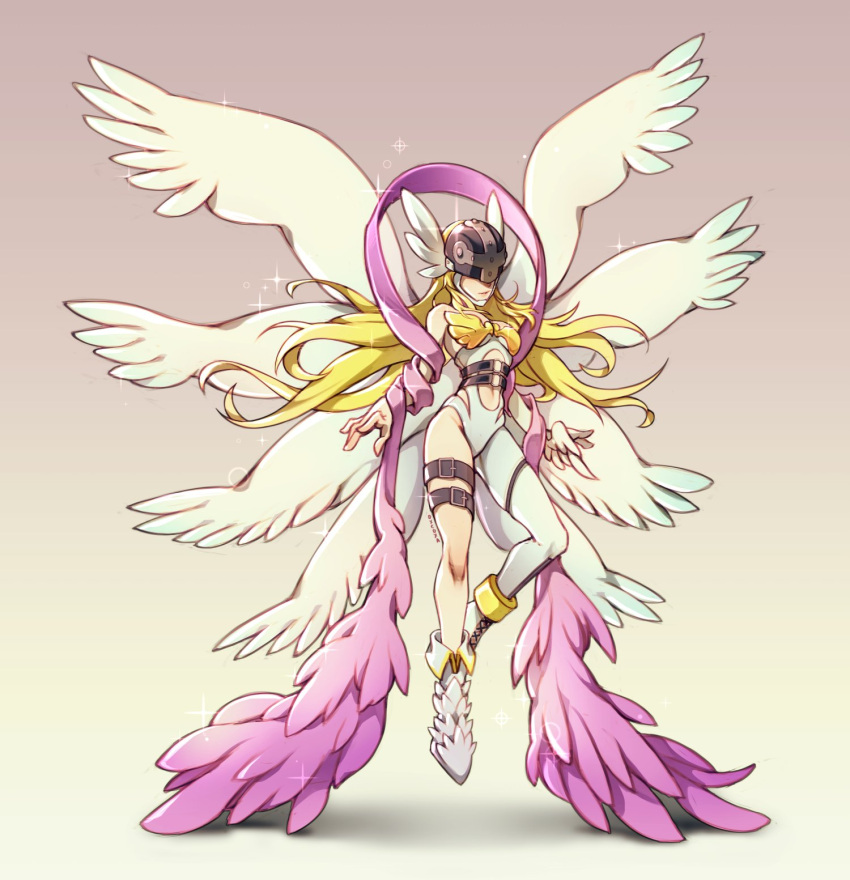 angel_wings angewomon asymmetrical_clothes asymmetrical_footwear bare_shoulders belt blonde_hair breasts commentary covered_eyes digimon digimon_(creature) feathered_wings female helmet helmet_over_eyes highres holy_ring long_hair mismatched_footwear multiple_wings o-ring o-ring_belt oxcoxa solo thigh_strap winged_helmet wings wrist_wings