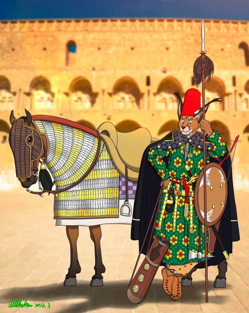 2023 absurd_res anthro arabian armor arrow_(weapon) black_nose bow_(weapon) brown_body brown_fur caracal caracal_(genus) clothed clothing equid equine felid feline feral fur hat headgear headwear hi_res holding_melee_weapon holding_object holding_polearm holding_spear holding_weapon horse humanoid_hands male mammal melee_weapon ohs688 polearm ranged_weapon shield signature smile solo spear standing weapon