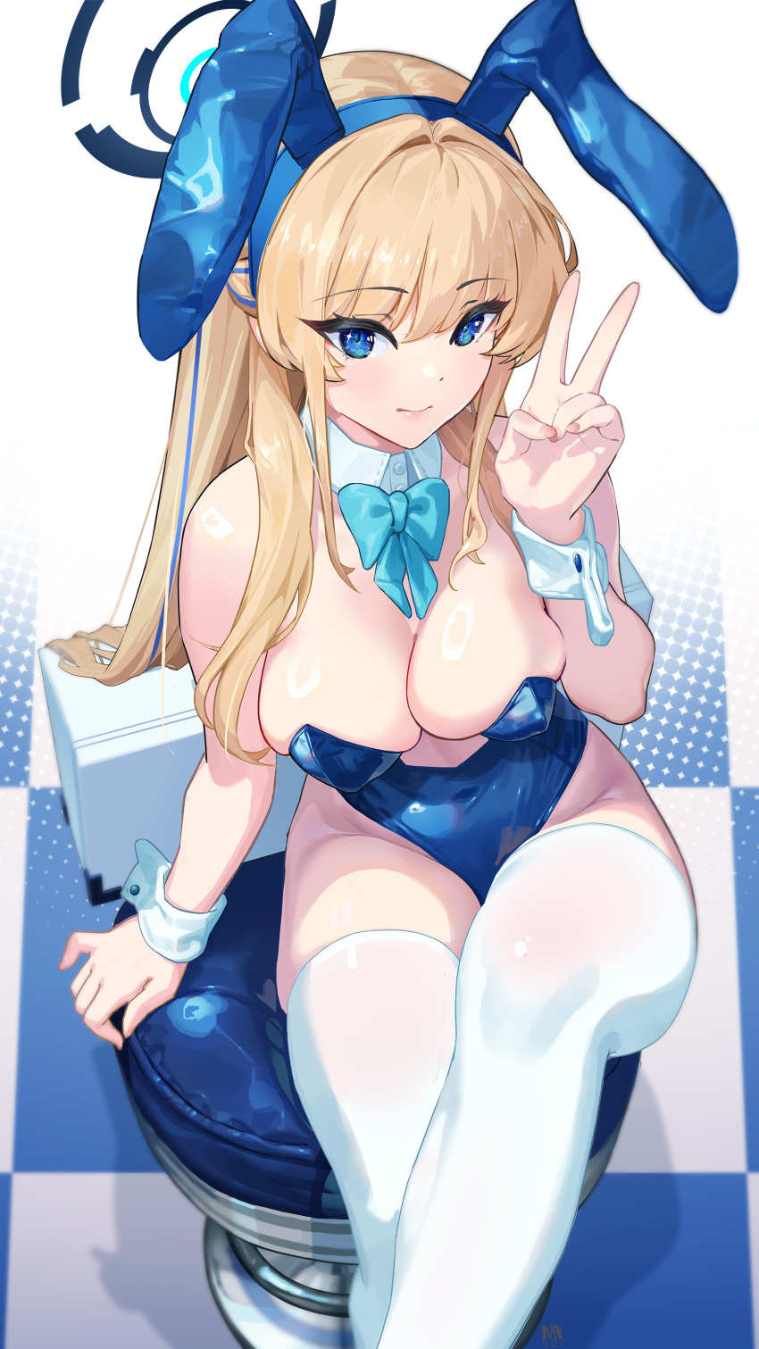 absurdres animal_ears bare_shoulders blonde_hair blue_archive blue_bow blue_eyes blue_hairband blue_halo blue_leotard bow bowtie braid breasts checkered_floor detached_collar fake_animal_ears female from_above hairband halo highleg highleg_leotard highres leotard long_hair medium_breasts nox13 official_alternate_costume official_alternate_hairstyle playboy_bunny rabbit_ears sitting solo stool strapless strapless_leotard thighhighs thighs toki_(blue_archive) toki_(bunny)_(blue_archive) v very_long_hair white_thighhighs wrist_cuffs