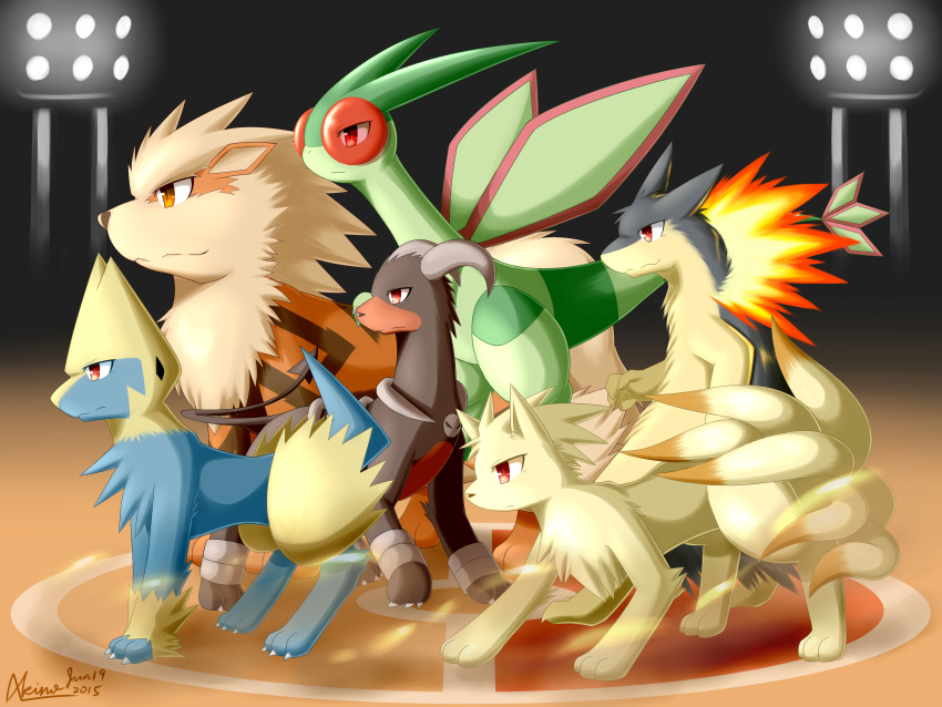 2015 4:3 absurd_res akino-kamihara all_fours arcanine battlefield feral fire flygon generation_1_pokemon generation_2_pokemon generation_3_pokemon group hi_res horn houndoom male manectric ninetales nintendo pokemon pokemon_(species) size_difference spade_tail stadium_lighting tail typhlosion wings