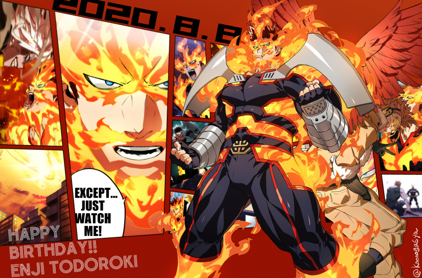 2boys armor back-to-back bara blonde_hair blue_bodysuit blue_eyes bodysuit boku_no_hero_academia bulge collage covered_abs endeavor_(boku_no_hero_academia) english_text facial_hair feathered_wings feet_out_of_frame fire happy_birthday hawks_(boku_no_hero_academia) highres koooogasya large_pectorals legs_apart male_focus mature_male multiple_boys muscular muscular_male pauldrons pectorals red_hair scar scar_across_eye scar_on_face short_hair shoulder_armor sideburns spiked_hair stubble wings