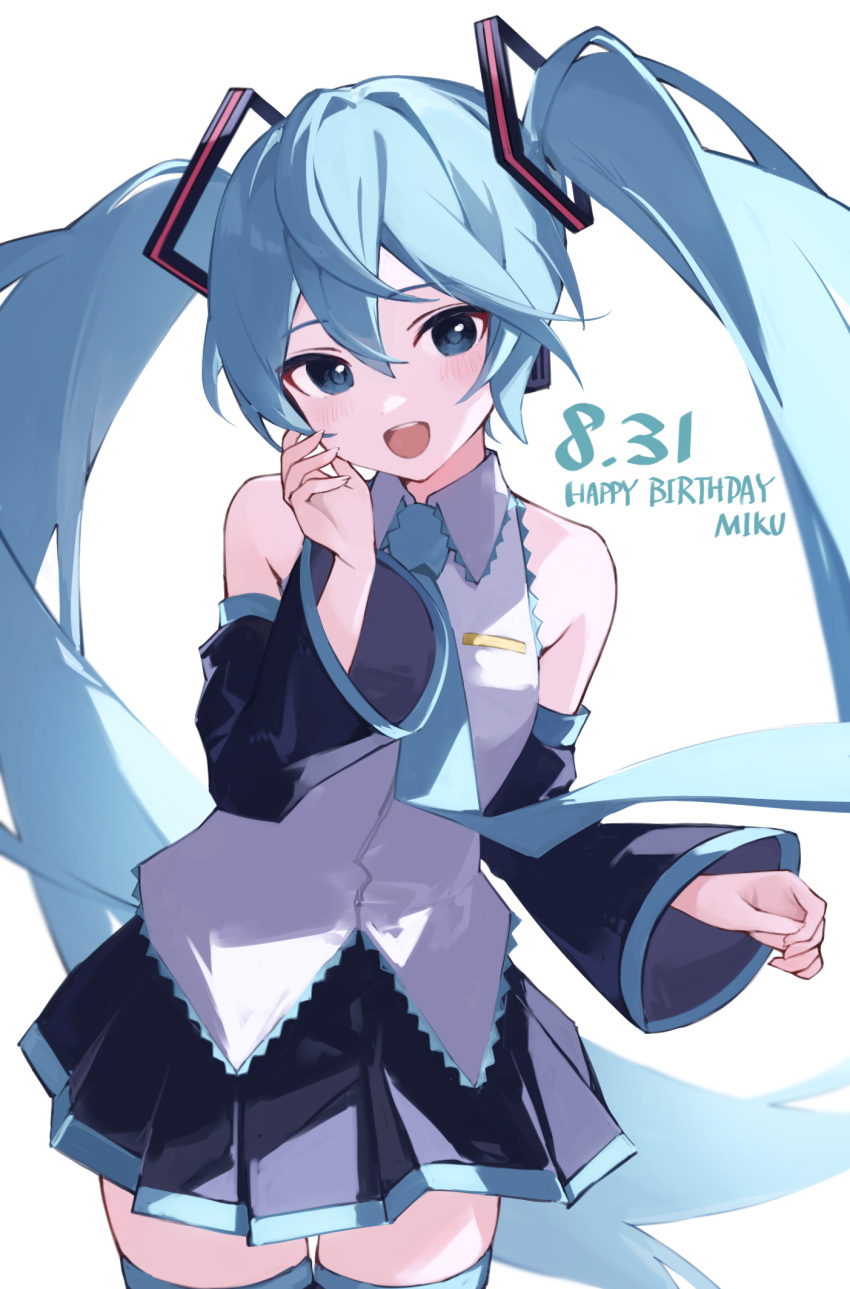 :d bare_shoulders black_skirt black_sleeves blue_eyes blue_hair blue_necktie character_name collared_shirt commentary cowboy_shot dated detached_sleeves female frilled_shirt frills grey_shirt hair_between_eyes hand_on_own_cheek hand_on_own_face hand_up happy_birthday hatsune_miku highres legs_together long_hair long_sleeves looking_at_viewer miniskirt necktie open_mouth pleated_skirt rakugaki_ningen shirt sidelocks simple_background skirt sleeveless sleeveless_shirt smile solo teeth thick_thighs thigh_gap thighs twintails upper_teeth_only very_long_hair vocaloid white_background zettai_ryouiki