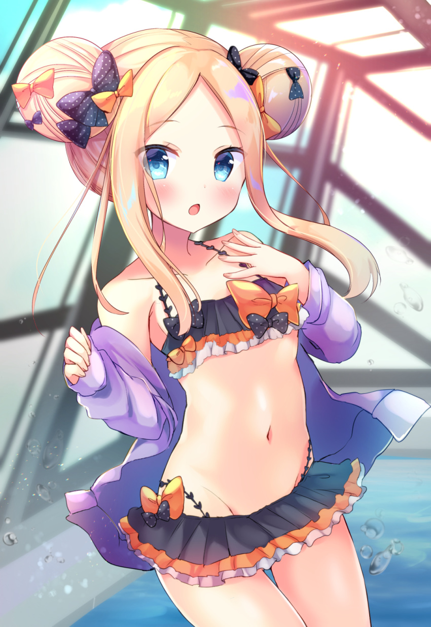 abigail_williams_(fate/grand_order) bangs bare_shoulders bikini black_bikini black_bow blonde_hair blue_eyes blurry blurry_background blush bow chestnut_mouth collarbone commentary_request day depth_of_field double_bun emerald_float fate/grand_order fate_(series) female fingernails forehead groin highres indoors jacket long_hair long_sleeves masayo_(gin_no_ame) navel off_shoulder open_clothes open_jacket orange_bow parted_bangs parted_lips polka_dot polka_dot_bow pool purple_jacket rei_no_pool side_bun sidelocks sleeves_past_wrists solo swimsuit thigh_gap water water_drop