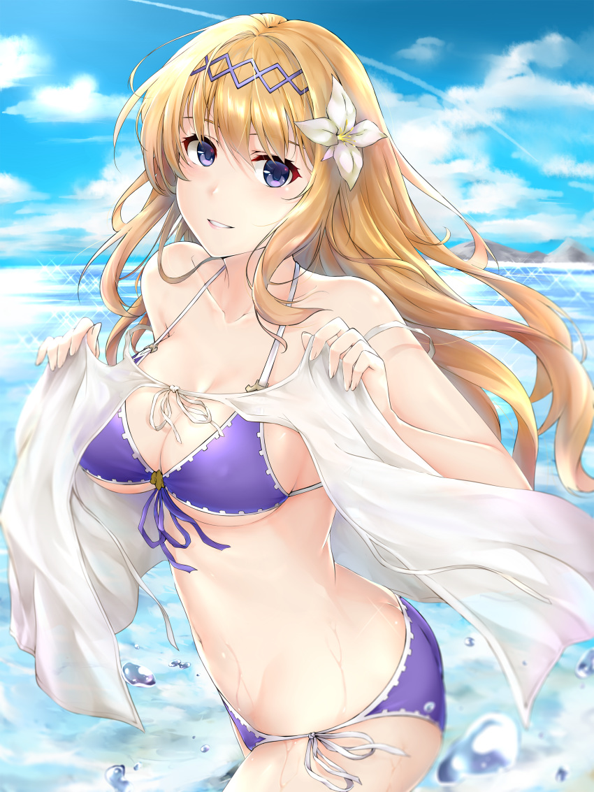 absurdres ass babydoll bare_arms bare_shoulders beach bikini blonde_hair blue_sky breasts cleavage cloud cloudy_sky collarbone day female fingernails flower front-tie_bikini_top front-tie_top granblue_fantasy hair_flower hair_ornament hairband hands_up highres holding jeanne_d'arc_(granblue_fantasy) jeanne_d'arc_(summer)_(granblue_fantasy) large_breasts lily_(flower) looking_at_viewer navel ocean official_alternate_costume outdoors paid_reward parted_lips patreon_reward purple_bikini rei_kun shiny_skin side-tie_bikini_bottom sky smile sparkle stomach strap_gap swimsuit water water_drop