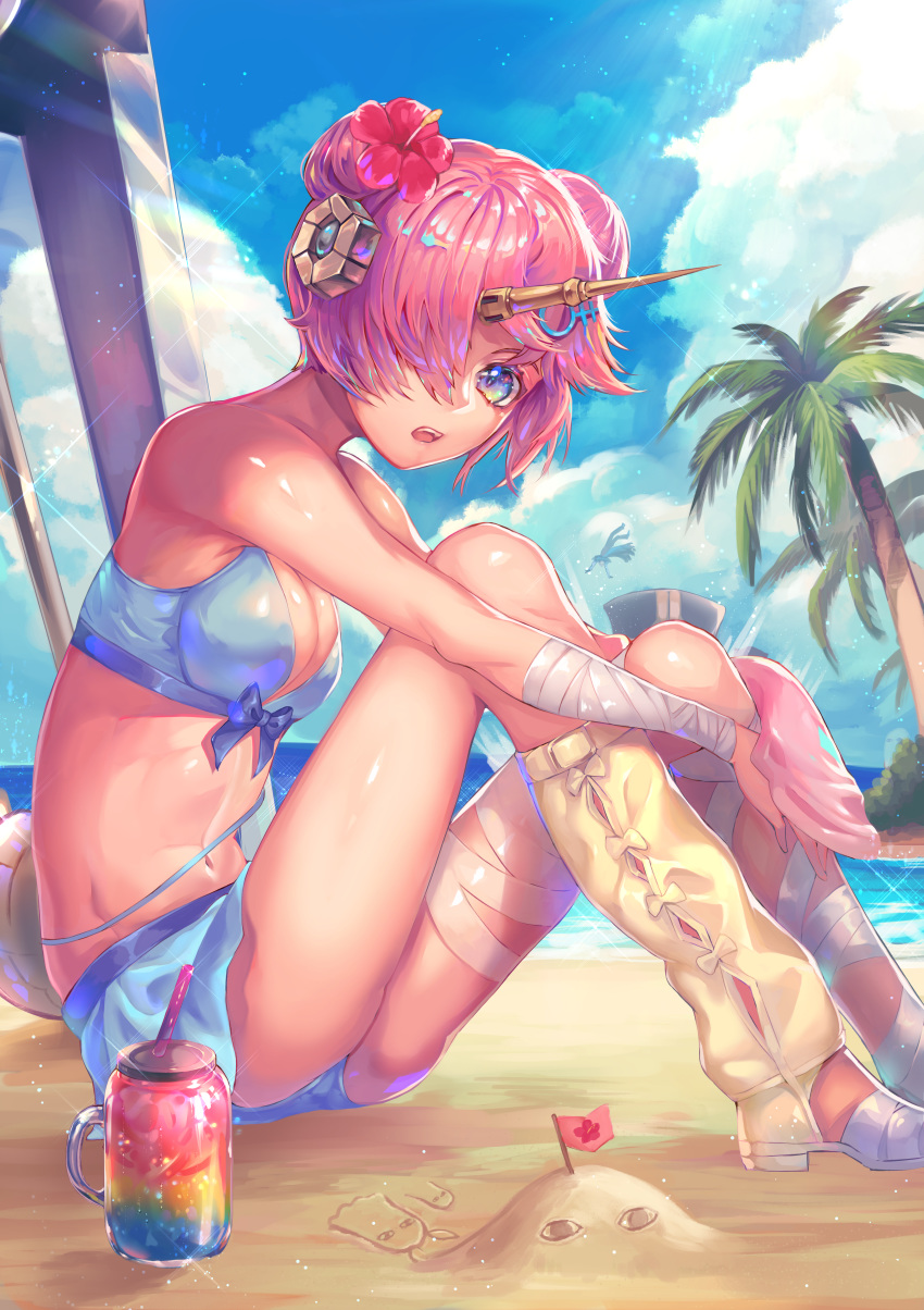 absurdres bandaged_arm bandaged_leg bandages beach bikini bikini_skirt blue_bikini blue_eyes blue_skirt blue_sky breasts cleavage cloud commentary_request day fate/grand_order fate_(series) female flower frankenstein's_monster_(fate) frankenstein's_monster_(swimsuit_saber)_(fate) frankenstein's_monster_(swimsuit_saber)_(second_ascension)_(fate) from_side hair_flower hair_ornament hair_over_one_eye hibiscus highres horns kozou_kazaru looking_at_viewer mechanical_horns medium_breasts miniskirt ocean open_mouth outdoors palm_tree pink_hair red_flower short_hair sideboob single_horn single_thighhigh sitting skirt sky solo sunlight swimsuit thighhighs tree yellow_thighhighs