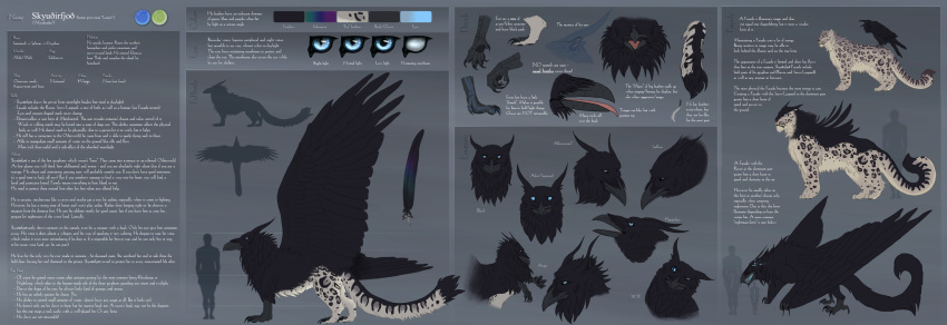 absurd_res alternate_form angry avian bird black_body black_claws black_feathers black_wings blue_eyes bone claws corvid corvus_(genus) digital_media_(artwork) duo emotion_chart english_text feathers felid feral fur grey_background grey_body grey_fur gryphon happy hi_res hybrid leopard_spots long_tail lore male mammal mane model_sheet monster mythological_avian mythological_creature mythology nictitating_membranes oscine pantherine passerine pawpads pupil_dilation pupils raven raveruna sad silhouette simple_background skeleton skyudhirfjodh slit_pupils snow_leopard solo_focus spots tail text toe_claws wings