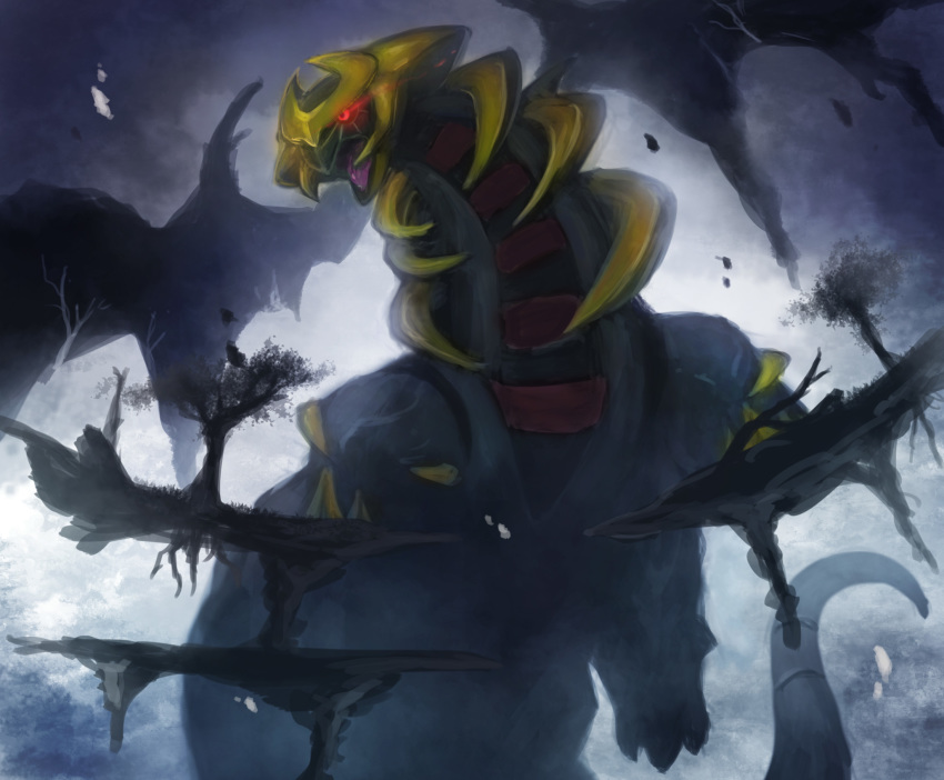 2014 6_legs altered_forme_giratina black_sclera distortion_world dragon feral furoyuuto generation_4_pokemon ghost giratina grey_body grey_skin hi_res kemono legendary_pokemon macro multi_leg multi_limb mythological_creature mythological_scalie mythology nintendo open_mouth plant pokemon pokemon_(species) red_eyes scalie solo spirit tail tongue tree