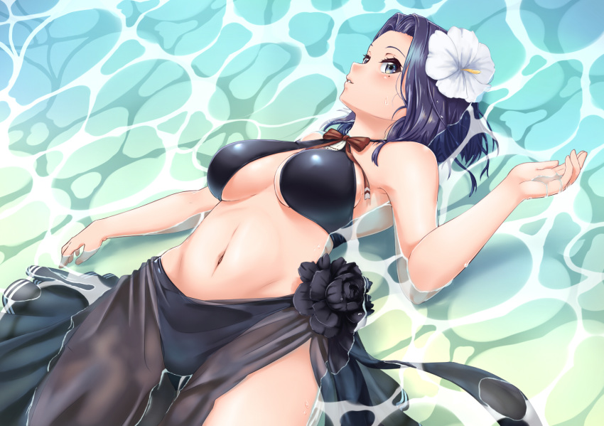 bikini black_bikini breasts commentary female flower hair_flower hair_ornament highres june_(ne_z_asa) kantai_collection lying medium_breasts mole mole_under_eye navel official_alternate_costume parted_lips partially_submerged purple_eyes purple_hair sarong see-through short_hair solo swimsuit tatsuta_(kancolle) tatsuta_(swimsuit_mode)_(kancolle) water