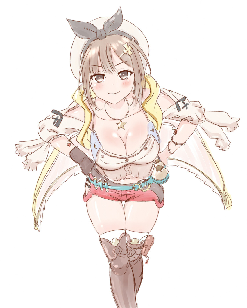 atelier_(series) atelier_ryza atelier_ryza_1 blush boots breasts brown_eyes brown_footwear brown_gloves brown_hair cleavage commentary downblouse english_commentary female gloves hands_on_own_hips highres large_breasts long_hair midriff navel photoshop_(medium) reisalin_stout smile solo thigh_boots thigh_gap thighhighs thighhighs_under_boots thighs viperxtr white_background