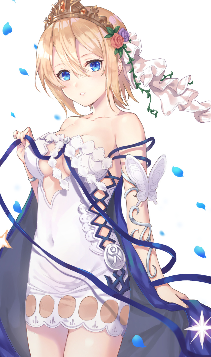 bare_shoulders blonde_hair blue_cape blue_eyes breasts cape cleavage collarbone commentary covered_navel dress europa_(granblue_fantasy) female flower granblue_fantasy hair_between_eyes hair_flower hair_ornament hair_ribbon highres kon_(k0n16) medium_breasts parted_lips petals purple_flower purple_rose red_flower red_rose ribbon rose short_dress simple_background sleeveless sleeveless_dress solo strap_slip tiara white_background white_dress white_ribbon