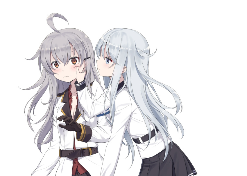 2girls aged_down ahoge bad_id bad_pixiv_id belt black_sailor_collar black_skirt blue_eyes blush breasts brown_gloves cleavage cnm coat duplicate gangut_(kancolle) gloves grey_hair hair_between_eyes hibiki_(kancolle) kantai_collection long_hair long_sleeves miniskirt multiple_girls no_headwear orange_eyes pleated_skirt red_shirt sailor_collar scar school_uniform serafuku shirt simple_background skirt small_breasts verniy_(kancolle) wavy_mouth white_background white_coat