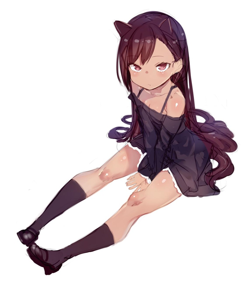 animal_ears bare_shoulders black_dress black_hair black_socks cat_ears commentary_request dark-skinned_female dark_skin dress female highres kneehighs loafers long_hair morikawa_(futomayu) original purple_eyes shoes sitting sleeves_past_wrists socks solo