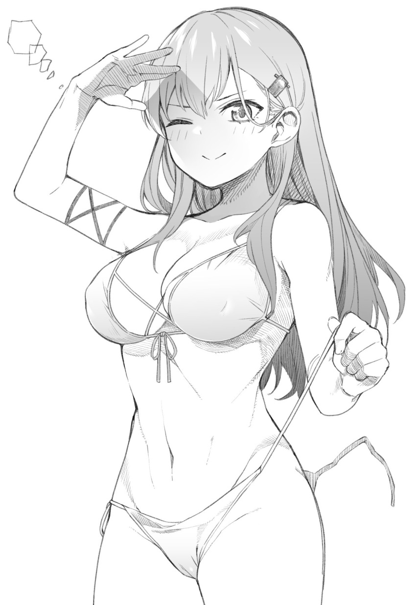 ;) bikini breasts byte_(allbyte) cleavage commentary_request female greyscale highres kantai_collection large_breasts long_hair monochrome one_eye_closed side-tie_bikini_bottom smile solo suzuya_(kancolle) swimsuit untied_bikini