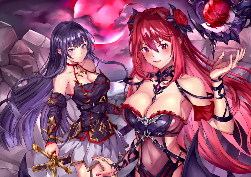 2girls absurdres ahoge bare_shoulders black_hair blush breasts choker cleavage commentary_request detached_sleeves erze_(king's_raid) flower garter_straps hair_flower hair_intakes hair_ornament hand_up highres holding holding_sword holding_weapon jewelry king's_raid ko-ma large_breasts long_hair long_sleeves looking_at_viewer medium_breasts midriff moon multiple_girls navel night night_sky orb outdoors purple_eyes red_choker red_hair red_moon red_nails ring seria_(king's_raid) skirt sky standing sword very_long_hair weapon