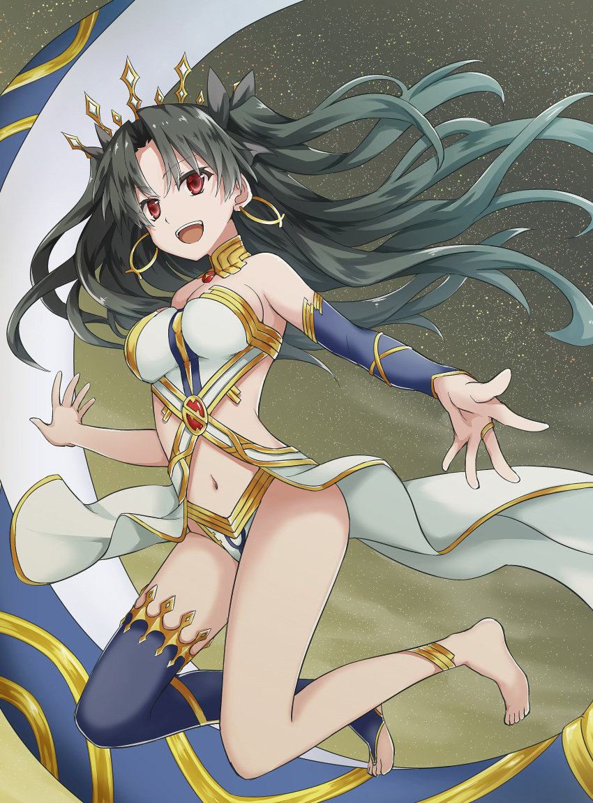 :d asymmetrical_legwear asymmetrical_sleeves barefoot black_hair blue_sleeves blue_thighhighs breasts choker cleavage commentary_request earrings fate/grand_order fate_(series) female floating_hair full_body hair_between_eyes highres ishtar_(fate) jewelry long_hair medium_breasts midriff navel open_mouth outstretched_arm panties red_eyes ring sideboob single_sleeve single_thighhigh smile solo stomach strapless thighhighs tm-pika underwear uneven_legwear uneven_sleeves very_long_hair white_panties