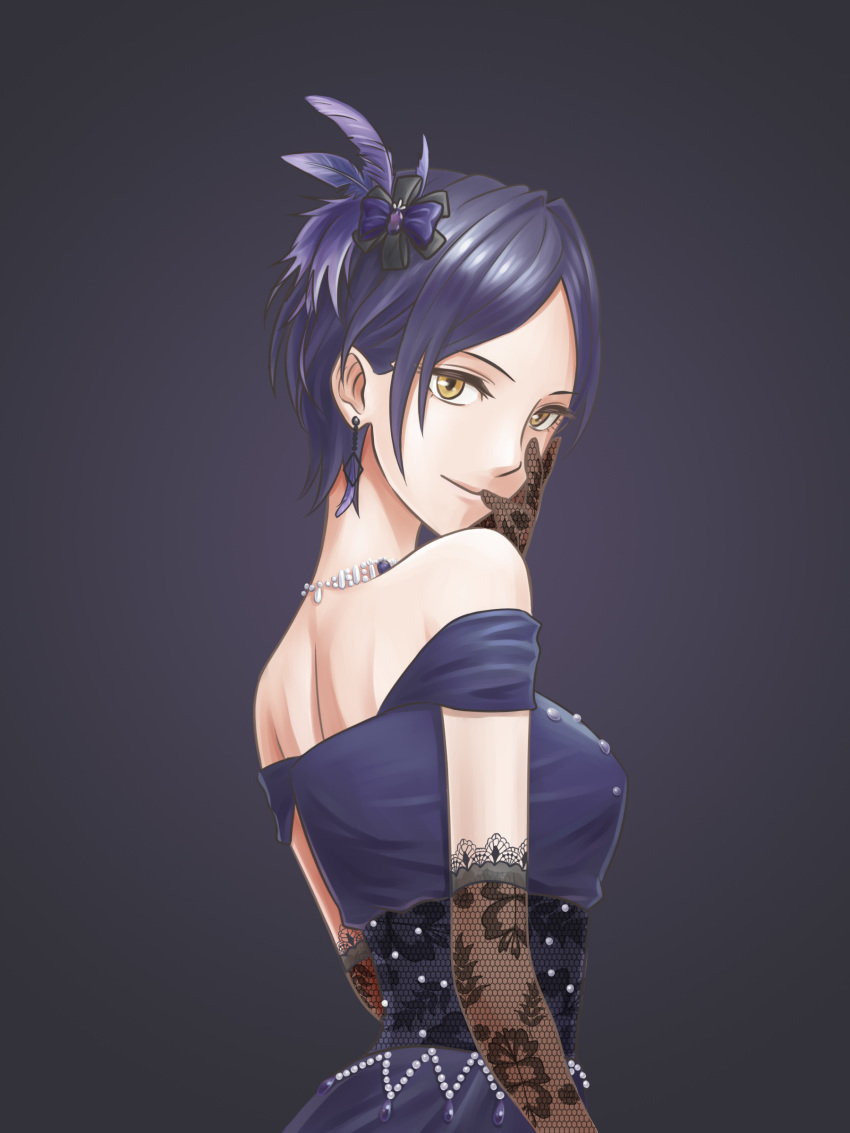 absurdres benben_(9456378) blue_dress blue_hair closed_mouth commentary_request dress earrings elbow_gloves feather_hair_ornament feathers female fishnet_gloves fishnets from_side gloves hair_ornament hayami_kanade highres idolmaster idolmaster_cinderella_girls idolmaster_cinderella_girls_starlight_stage jewelry looking_at_viewer looking_back necklace parted_bangs photoshop_(medium) pretty_liar_(idolmaster) purple_background purple_feathers short_hair shoulder_blades sleeveless sleeveless_dress smile solo upper_body yellow_eyes