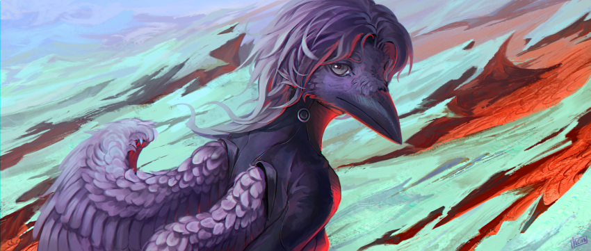 2019 anthro avian beak bird clothed clothing corvid corvus_(genus) crow detailed_background digital_media_(artwork) feathered_wings feathers female hair hi_res maocrowhard oscine passerine purple_body purple_feathers purple_hair solo wings