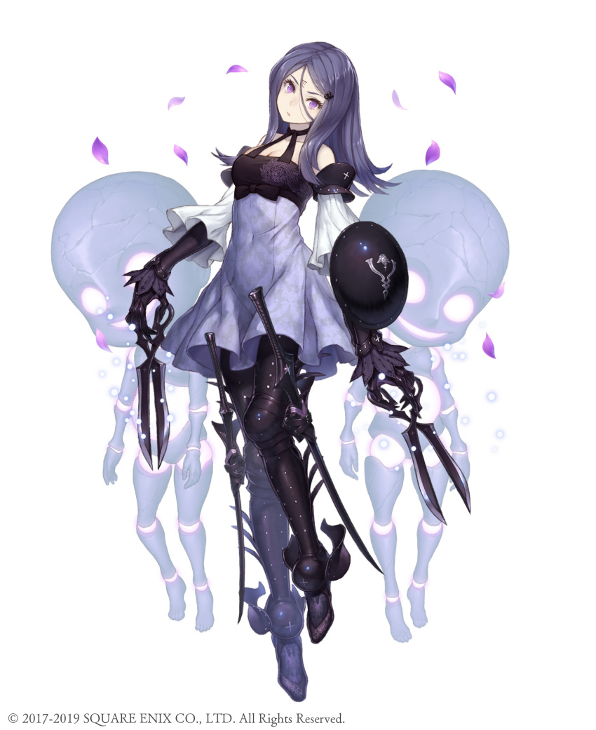 absurdres armored_boots bare_shoulders boots claws detached_sleeves doll doll_joints drag-on_dragoon drag-on_dragoon_3 dress facial_mark female forehead_mark full_body hair_between_eyes hair_ornament hairclip head_tilt highres ji_no joints looking_at_viewer official_art petals purple_eyes purple_hair scissors shield sinoalice solo square_enix sword thigh_boots thighhighs three_(drag-on_dragoon) weapon white_background