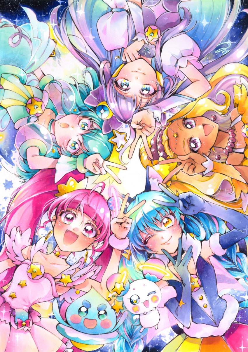 5girls :d :o ;) absurdres ahoge amamiya_elena animal_ears aqua_dress aqua_eyes aqua_hair armpits bare_shoulders blonde_hair blue_dress blue_eyes blue_hair blunt_bangs blush braid cat_ears choker closed_mouth commentary cure_cosmo cure_milky cure_selene cure_soleil cure_star dark-skinned_female dark_skin dress earrings elbow_gloves fuwa_(precure) gloves hagoromo_lala hair_between_eyes hair_ornament highres hoshina_hikaru jewelry kaguya_madoka light_blue_hair long_hair looking_at_viewer magical_girl marker_(medium) mikan_(mikataaaa) multicolored_clothes multicolored_hair multicolored_skirt multiple_girls necklace one_eye_closed open_mouth pink_eyes pink_hair planet_hair_ornament precure prunce_(precure) puffy_short_sleeves puffy_sleeves purple_dress purple_eyes purple_hair rainbow_skirt short_hair short_sleeves skirt sky smile star-shaped_pupils star_(sky) star_(symbol) star_hair_ornament star_twinkle_precure starry_sky streaked_hair symbol-shaped_pupils traditional_media twin_braids twintails v wrist_cuffs yellow_dress yuni_(precure)