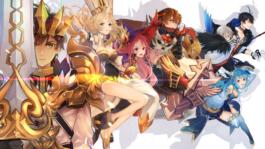 3girls 5boys absurdres ahoge armor black_hair black_legwear blonde_hair blue_eyes blue_hair breasts brooch brown_eyes brown_hair clause_(king's_raid) cleavage cleo_(king's_raid) commentary_request crown detached_sleeves ezekiel_(king's_raid) frey_(king's_raid) fur_trim glint gloves grey_hair hat helmet highres holding holding_shield holding_sword holding_weapon hutuu_(1121) jewelry kasel_(king's_raid) king's_raid lilia_(king's_raid) long_hair medium_breasts midriff multiple_boys multiple_girls pink_hair red_eyes red_gloves roi_(king's_raid) shield smile sword theo_(king's_raid) thighhighs weapon white_footwear white_gloves wide_sleeves witch_hat