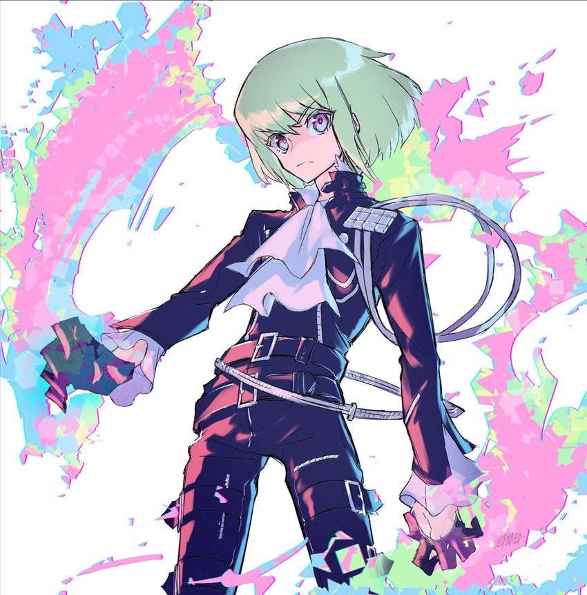 1boy ascot bad_id bad_twitter_id black_gloves black_jacket canata_katana fire frills gloves green_hair half_gloves highres jacket lio_fotia male_focus promare purple_eyes purple_fire pyrokinesis solo