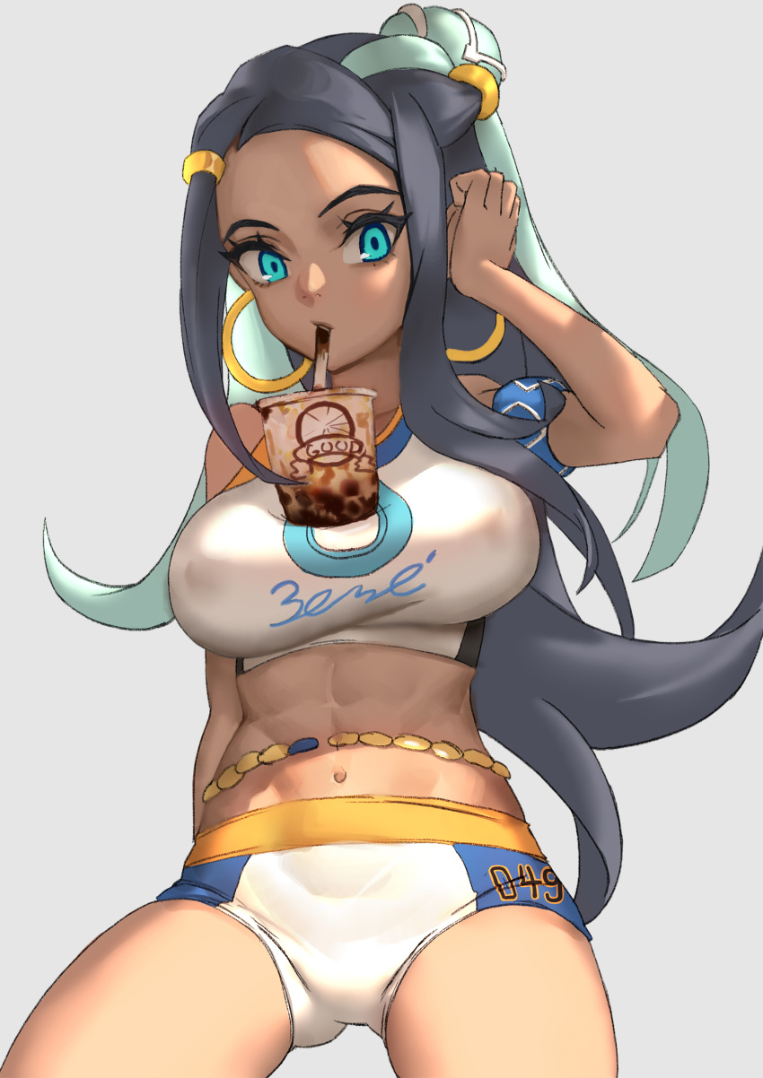 abs aqua_eyes aqua_hair armlet belly_chain birkai blue_hair breasts bubble_tea bubble_tea_challenge commentary covered_nipples cowboy_shot crop_top dark-skinned_female dark_skin drink drinking_straw earrings english_commentary female hair_ornament highres hoop_earrings jewelry long_hair medium_breasts midriff mixed-language_commentary navel nessa_(pokemon) photoshop_(medium) pokemon pokemon_swsh shorts solo sportswear toned