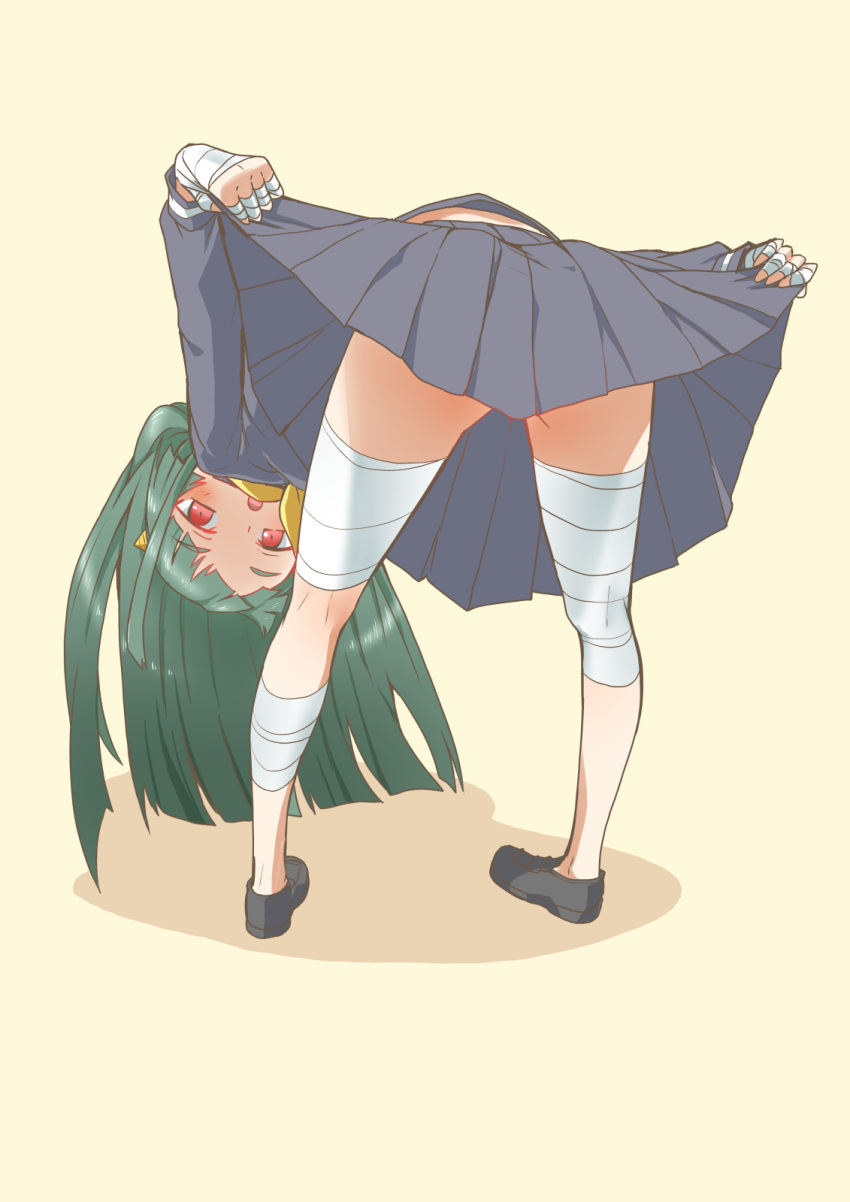 bandaged_fingers bandaged_hand bandaged_leg bandages bent_over blue_serafuku blue_skirt blunt_bangs blunt_ends blush clothes_lift commentary_request female from_behind full_body green_hair highres holding horns kami_nomi_zo_shiru_sekai lifting_own_clothes loafers long_hair long_sleeves looking_at_viewer looking_back lune_(kaminomi) neckerchief no_socks open_mouth pleated_skirt red_eyes school_uniform serafuku shoes simple_background skirt skirt_lift solo standing thighs yellow_background yellow_neckerchief yuto_(dialique)