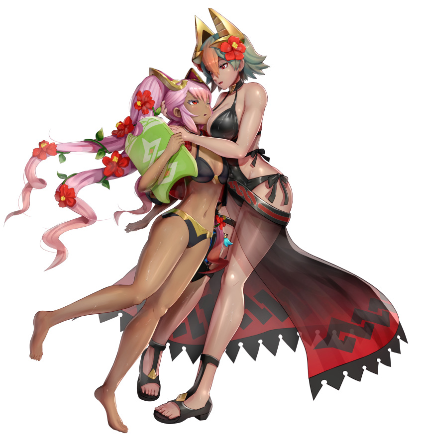 2girls bare_arms bare_legs bare_shoulders barefoot bikini black_bikini black_choker black_footwear black_one-piece_swimsuit breasts choker cleavage commentary_request dark-skinned_female dark_skin earrings feet fire_emblem fire_emblem_heroes flower full_body gonzarez gradient_hair green_hair hair_between_eyes hair_flower hair_ornament halterneck hand_on_another's_head hand_on_another's_shoulder height_difference hibiscus highres jewelry kickboard laegjarn_(fire_emblem) laegjarn_(summer)_(fire_emblem) laevatein_(fire_emblem) laevatein_(summer)_(fire_emblem) large_breasts leaf leaning leaning_on_person leg_up long_hair looking_at_another multicolored_hair multiple_girls navel one-piece_swimsuit one_eye_closed open_mouth orange_hair pigeon-toed pink_hair plant red_eyes red_flower sandals sarong see-through short_hair siblings side-tie_bikini_bottom simple_background sisters standing standing_on_one_leg swimsuit thigh_strap tiptoes toenails twintails very_long_hair vines water wet white_background