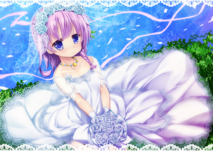 bare_shoulders blue_flower blue_rose bouquet braid bride closed_mouth collarbone commentary_request dress female flower flower_knight_girl full_body hair_flower hair_ornament holding holding_bouquet izumi_yukiru jewelry kneeling looking_at_viewer necklace purple_eyes purple_hair rose short_hair smile solo strapless strapless_dress teppouyuri_(flower_knight_girl) veil wedding_dress white_dress white_flower white_rose