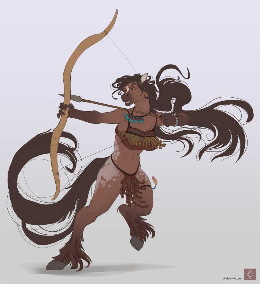 action_pose amarian anthro arrow_(weapon) bow_(weapon) bracelet breasts brown_body brown_fur brown_hair clothed clothing equid equine female fur hair hi_res holding_object holding_weapon jewelry long_hair looking_back mammal necklace on_one_leg pose ranged_weapon simple_background smile solo standing tribal tribal_clothing weapon white_background