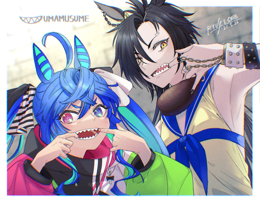 2girls @_@ ahoge air_shakur_(umamusume) animal_ears artist_name black_hair black_nails blue_eyes blue_hair border bracelet chains coat commentary_request copyright_name dated ear_piercing eyebrow_piercing finger_in_own_mouth fingernails hair_between_eyes hair_over_one_eye heterochromia highres horse_ears horse_girl jewelry long_hair long_sleeves mouth_pull multicolored_hair multiple_girls nail_polish open_mouth outside_border partial_commentary piercing purple_eyes ring ryusei_(ryusei_b) sharp_teeth shirt sleeveless sleeveless_shirt teeth trait_connection twin_turbo_(umamusume) twintails umamusume white_border yellow_eyes