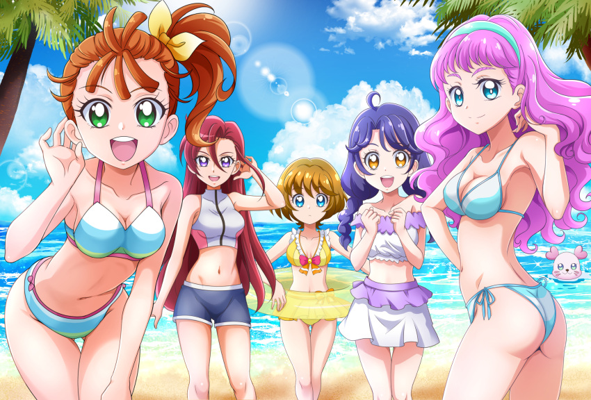 5girls :d ahoge ass ass_visible_through_thighs asymmetrical_bangs beach bikini bikini_shorts blue_bikini blue_eyes blue_hairband blue_sky bow breasts brown_eyes brown_hair cleavage closed_mouth cloud collarbone cowboy_shot day floating_hair green_eyes grey_bikini grey_shorts hair_between_eyes hair_intakes hairband hairbow halterneck hand_in_own_hair hand_on_lap hanzou high_ponytail highres ichinose_minori innertube kururun_(precure) laura_la_mer leaning_forward lens_flare long_hair looking_at_viewer medium_breasts miniskirt multiple_girls natsuumi_manatsu navel no_eyewear ocean open_mouth outdoors palm_tree pink_hair precure purple_eyes purple_hair red_hair short_hair short_shorts shorts side_ponytail skirt sky smile spoilers sports_bikini standing straight_hair suzumura_sango swim_ring swimsuit takizawa_asuka tankini thigh_gap tree tropical-rouge!_precure very_long_hair white_skirt yellow_bikini yellow_bow